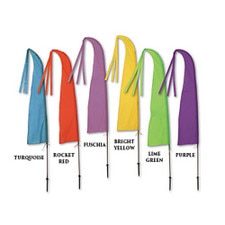 colorful fabric banners on poles
