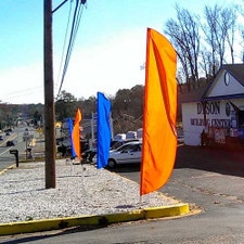 colorful flags outside building cen