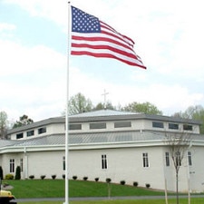 American flag in front of church